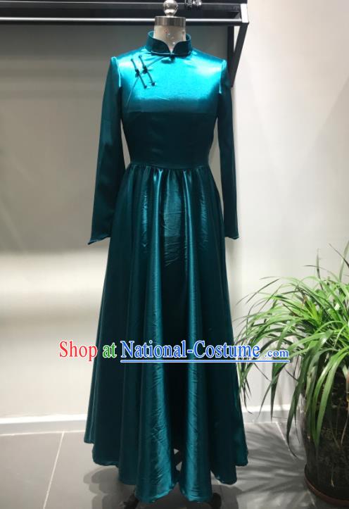 Chinese Mongolian Folk Dance Peacock Blue Dress Ethnic Stage Performance Clothing Mongol Nationality Folk Dance Garment Costume