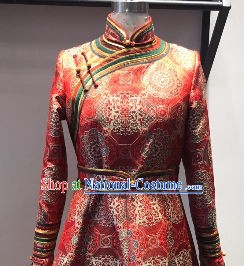 Chinese Mongol Nationality Wedding Garment Costume Mongolian Folk Dance Red Brocade Dress Ethnic Stage Performance Clothing