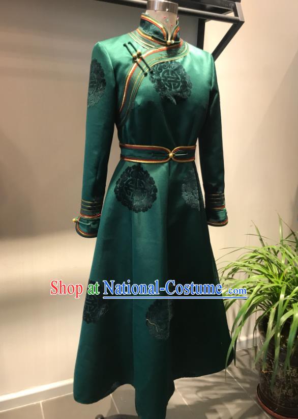 Chinese Ethnic Stage Performance Clothing Mongol Nationality Woman Garment Costume Mongolian Folk Dance Green Dress