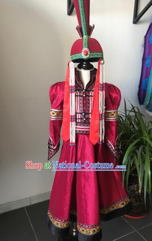 Chinese Mongolian Folk Dance Magenta Dress Ethnic Stage Performance Clothing Mongol Nationality Girl Garment Costume and Headwear