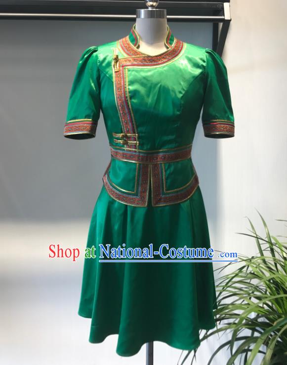 Chinese Ethnic Waitress Clothing Mongol Nationality Woman Garment Costume Mongolian Folk Dance Green Dress