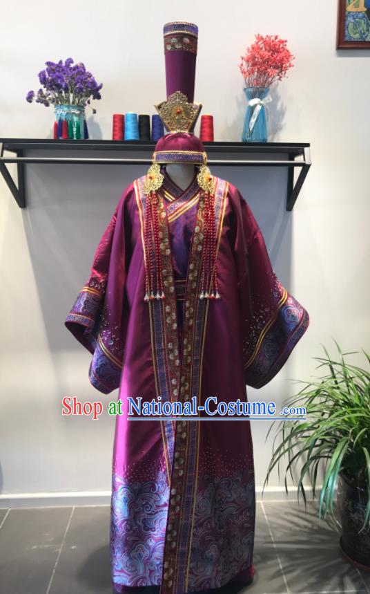 Chinese Mongolian Bride Purple Dress Ethnic Festival Clothing Mongol Nationality Wedding Garment Costumes and Hat