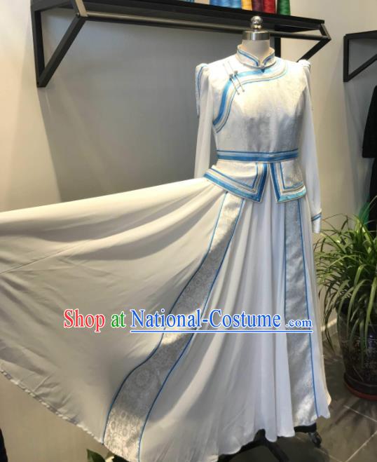 Chinese Mongol Nationality Folk Dance Garment Costume Mongolian Woman White Dress Ethnic Festival Clothing