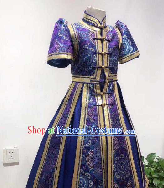 Chinese Ethnic Children Clothing Mongol Nationality Folk Dance Costume Mongolian Girl Performance Deep Blue Dress