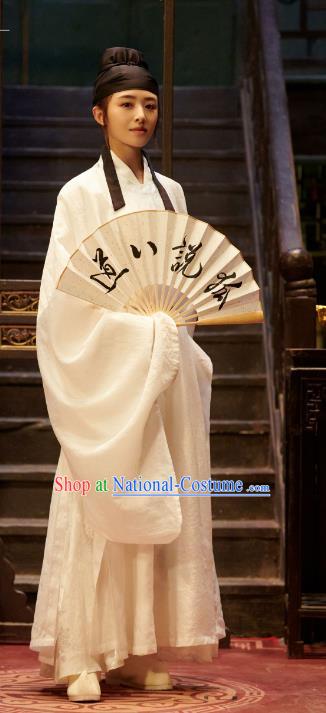 Chinese Traditional Young Childe Garment Ancient Scholar White Robe Costume Romance Movie Soul Snatcher Clothing and Headpiece Complete Set