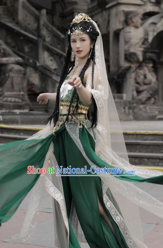 Chinese Tang Dynasty Northern Tribe Beauty Garment Costumes Traditional Dance Green Outfit Ancient Ethnic Princess Clothing