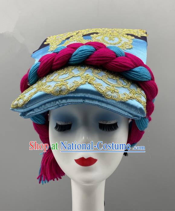 Chinese Wa Minority Dance Headwear Qiang Nationality Headpiece Ethnic Stage Performance Blue Hat