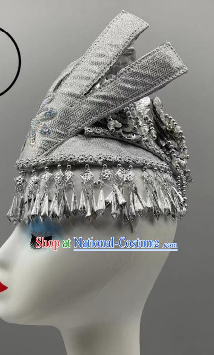 Chinese Miao Ethnic Women Headwear Miao Nationality Dance Argent Headdress Ethnic Stage Performance Hair Jewelry