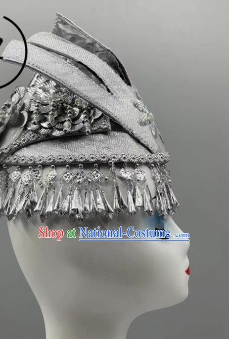 Chinese Miao Ethnic Women Headwear Miao Nationality Dance Argent Headdress Ethnic Stage Performance Hair Jewelry