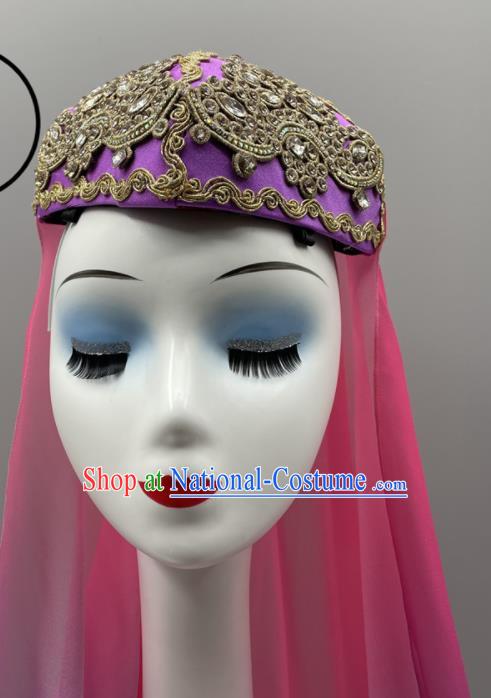 Chinese Ethnic Women Headwear Uyghur Nationality Dance Headpiece Uyghurs Ethnic Stage Performance Purple Hat