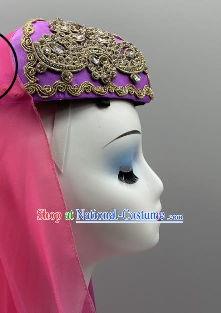 Chinese Ethnic Women Headwear Uyghur Nationality Dance Headpiece Uyghurs Ethnic Stage Performance Purple Hat