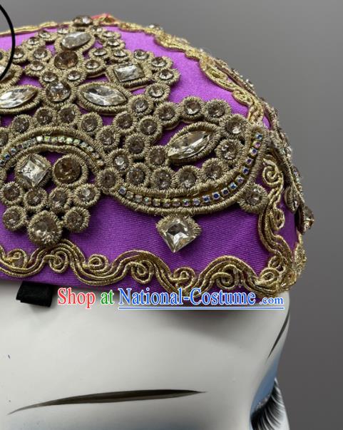 Chinese Ethnic Women Headwear Uyghur Nationality Dance Headpiece Uyghurs Ethnic Stage Performance Purple Hat