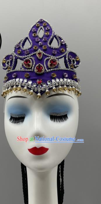 Chinese Uyghurs Minority Women Braids Headwear Uyghur Nationality Dance Headpiece Ethnic Stage Performance Purple Hat