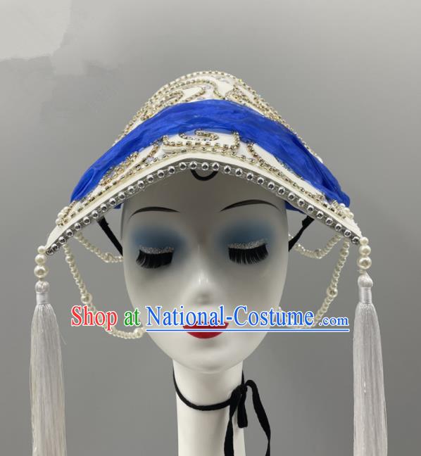 Chinese Ethnic Stage Performance White Tassel Hat Qiang Minority Women Braids Headwear Wa Nationality Dance Headpiece