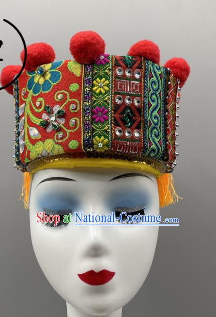 Chinese Yao Nationality Dance Headpiece Ethnic Stage Performance Red Hat Gaoshan Minority Women Headwear