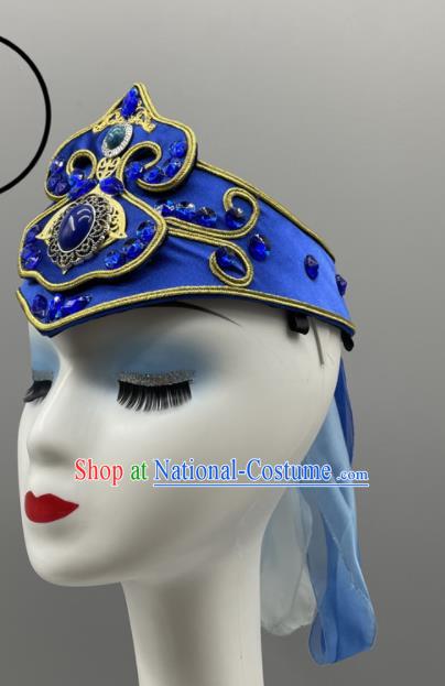 Chinese Mongol Nationality Dance Headpiece Ethnic Stage Performance Blue Hat Mongolian Minority Women Headwear