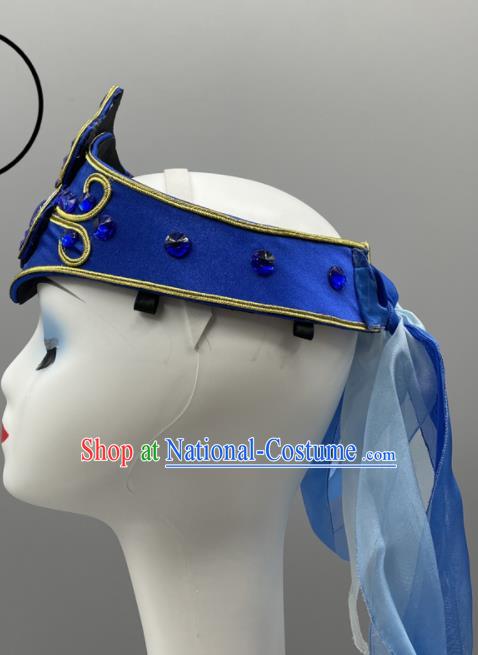 Chinese Mongol Nationality Dance Headpiece Ethnic Stage Performance Blue Hat Mongolian Minority Women Headwear