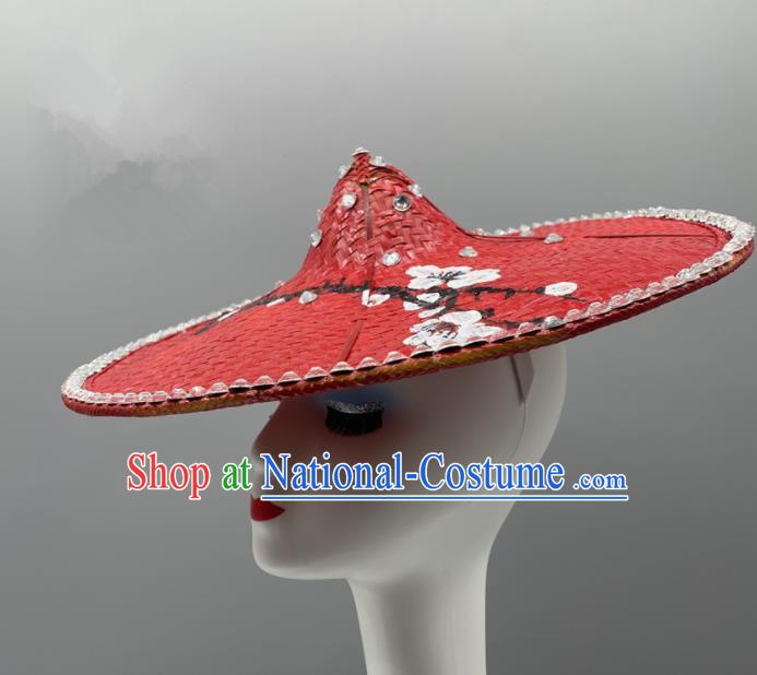 Chinese Ethnic Stage Performance Red Bamboo Hat Yunnan Minority Peacock Dance Headwear Dai Nationality Woman Headdress