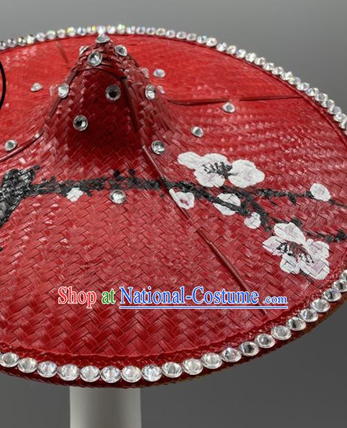 Chinese Ethnic Stage Performance Red Bamboo Hat Yunnan Minority Peacock Dance Headwear Dai Nationality Woman Headdress