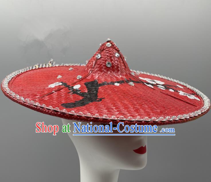 Chinese Ethnic Stage Performance Red Bamboo Hat Yunnan Minority Peacock Dance Headwear Dai Nationality Woman Headdress