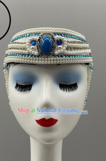 Chinese Mongol Nationality Woman Headdress Ethnic Stage Performance White Beads Hat Mongolian Minority Dance Headwear