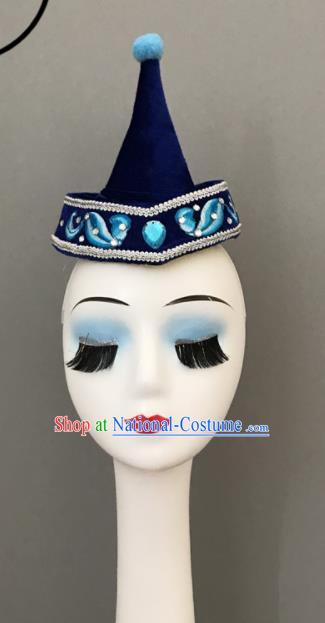 Chinese Mongolian Minority Dance Headwear Mongol Nationality Woman Headdress Ethnic Stage Performance Deep Blue Hat