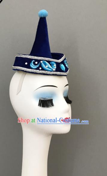 Chinese Mongolian Minority Dance Headwear Mongol Nationality Woman Headdress Ethnic Stage Performance Deep Blue Hat