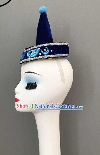 Chinese Mongolian Minority Dance Headwear Mongol Nationality Woman Headdress Ethnic Stage Performance Deep Blue Hat