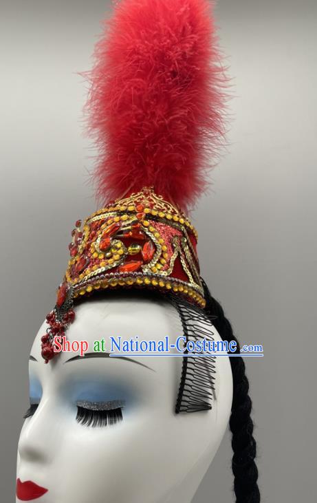 Chinese Xinjiang Minority Dance Red Feather Hat Uyghur Nationality Woman Headdress Ethnic Stage Performance Braids Headpiece