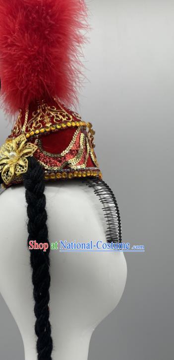 Chinese Xinjiang Minority Dance Red Feather Hat Uyghur Nationality Woman Headdress Ethnic Stage Performance Braids Headpiece