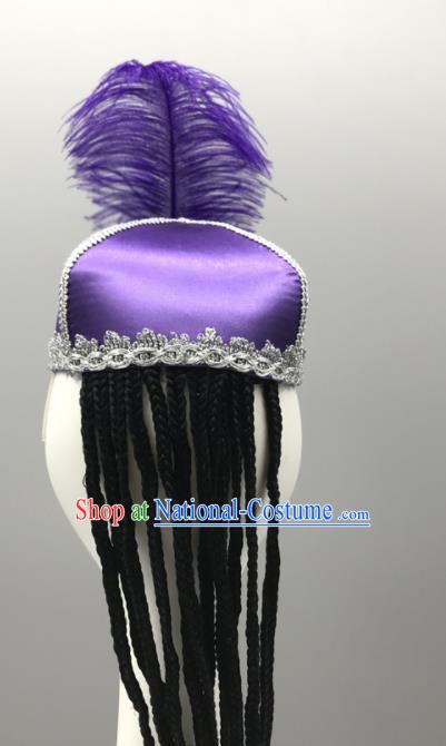 Chinese Ethnic Stage Performance Braids Headpiece Xinjiang Minority Dance Purple Feather Hat Uyghur Nationality Woman Headdress