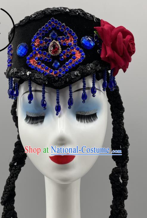 Chinese Uyghur Nationality Woman Headdress Ethnic Stage Performance Braids Headpiece Xinjiang Minority Dance Black Hat