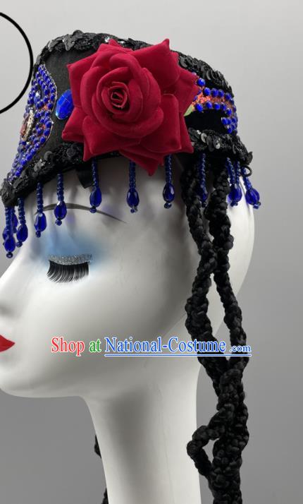 Chinese Uyghur Nationality Woman Headdress Ethnic Stage Performance Braids Headpiece Xinjiang Minority Dance Black Hat