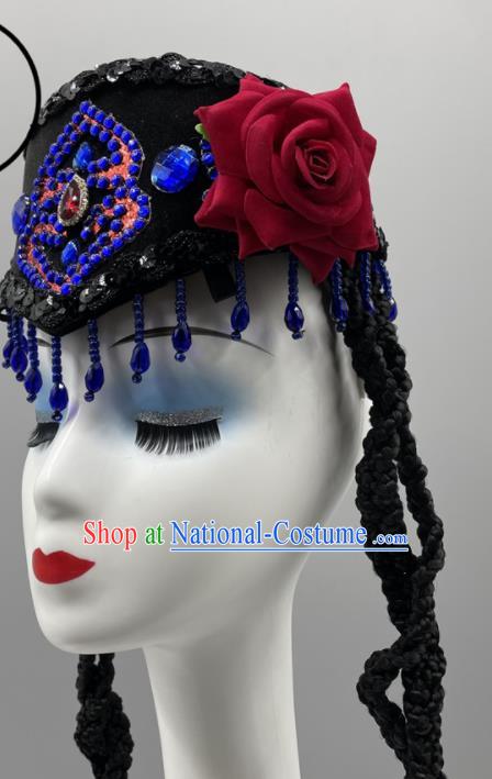 Chinese Uyghur Nationality Woman Headdress Ethnic Stage Performance Braids Headpiece Xinjiang Minority Dance Black Hat