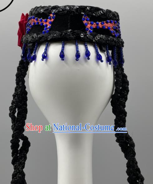 Chinese Uyghur Nationality Woman Headdress Ethnic Stage Performance Braids Headpiece Xinjiang Minority Dance Black Hat