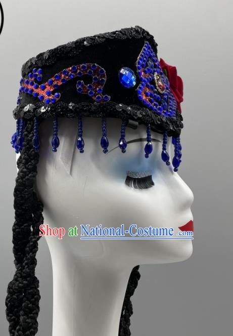 Chinese Uyghur Nationality Woman Headdress Ethnic Stage Performance Braids Headpiece Xinjiang Minority Dance Black Hat