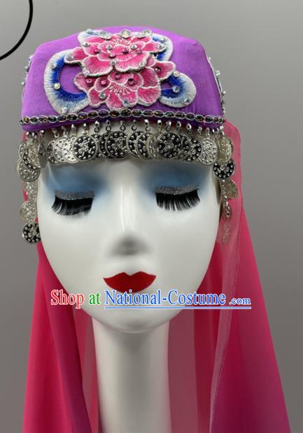 Chinese Xinjiang Minority Dance Purple Hat Uyghur Nationality Woman Headdress Ethnic Stage Performance Veil Headpiece