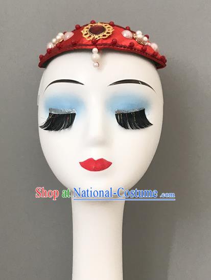 Chinese Mongolian Nationality Woman Headdress Ethnic Stage Performance Red Headpiece Mongol Minority Bowl Dance Hair Jewelry