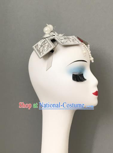 Chinese Mongol Minority Dance Hair Jewelry Mongolian Nationality Woman Headdress Ethnic Stage Performance White Beads Headpiece