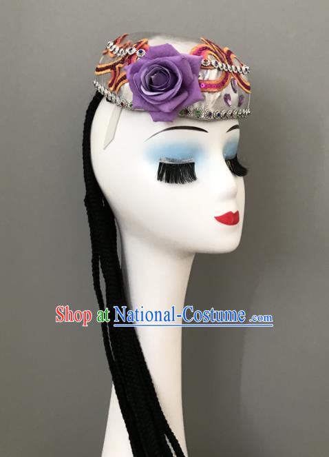 Chinese Uyghur Nationality Woman Headdress Ethnic Stage Performance Argent Hat Xinjiang Minority Dance Braids Headwear