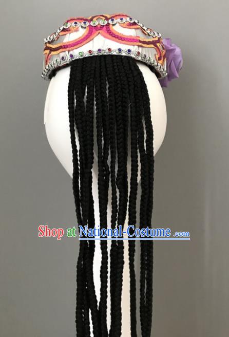 Chinese Uyghur Nationality Woman Headdress Ethnic Stage Performance Argent Hat Xinjiang Minority Dance Braids Headwear