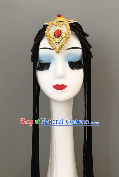 Chinese Ethnic Stage Performance Hair Jewelries Tibetan Minority Dance Headwear Zang Nationality Woman Braids Headdress