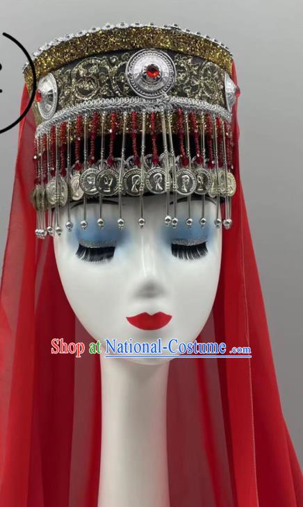 Chinese Uyghur Nationality Woman Tassels Headdress Ethnic Stage Performance Red Veil Hat Xinjiang Minority Dance Headwear