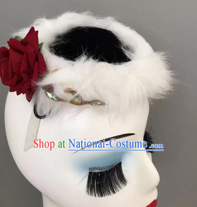 Chinese Ethnic Stage Performance White Fur Hat Mongolian Minority Dance Headwear Mongol Nationality Woman Braids Headdress