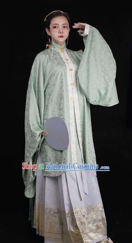 Chinese Ancient Young Mistress Clothing Traditional Hanfu Green Gown and Skirt Ming Dynasty Noble Woman Costumes