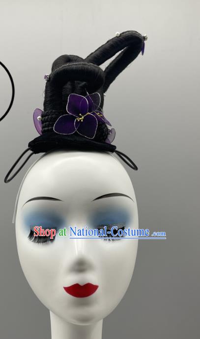 China Classical Dance Wig and Purple Flowers Hair Jewelries Ancient Beauty Dance Headpieces Women Group Stage Performance Headdress