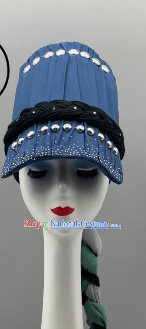 Chinese Yi Nationality Woman Braids Headdress Ethnic Stage Performance Blue Hat Wa Minority Dance Headwear