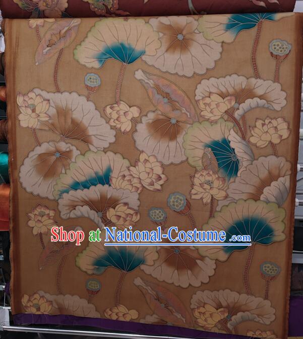 Chinese Classical Lotus Pattern Design Gambiered Guangdong Gauze Fabric Traditional Cheongsam Light Brown Silk Material