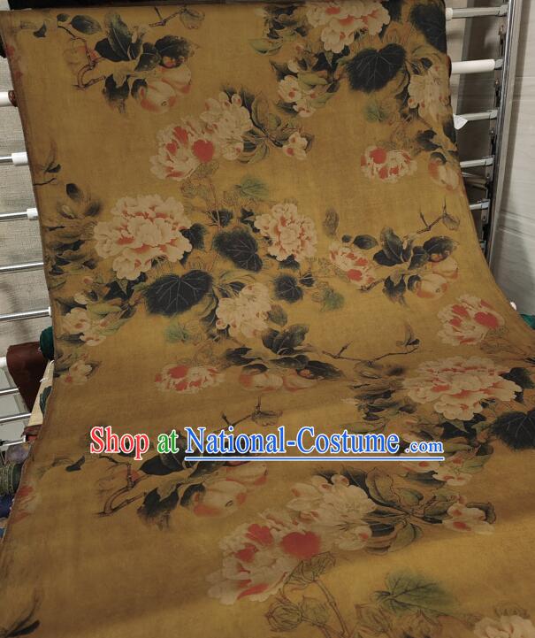 Chinese Traditional Cheongsam Yellow Silk Material Classical Peony Pattern Design Gambiered Guangdong Gauze Fabric