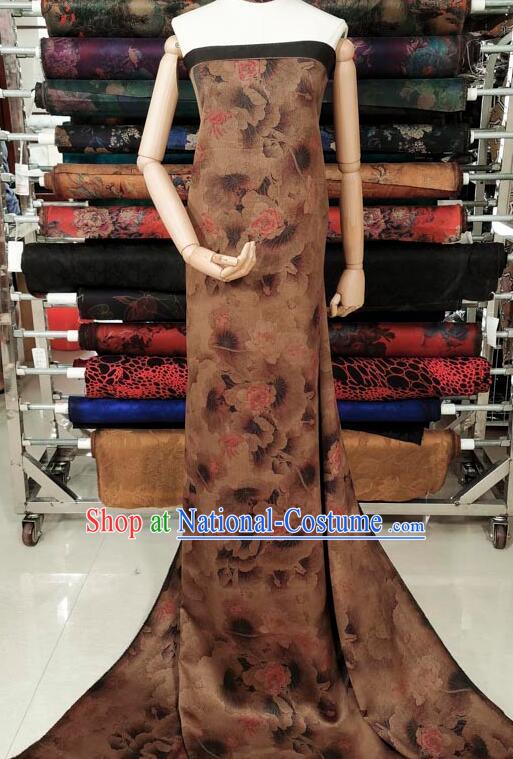 Asian Brown Silk Material Chinese Traditional Peony Pattern Design Gambiered Guangdong Gauze Fabric